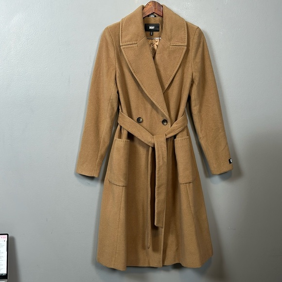 Dkny Wool Blend Double Breasted Single Button Belted Tan Midi Coat size S - Picture 2 of 16